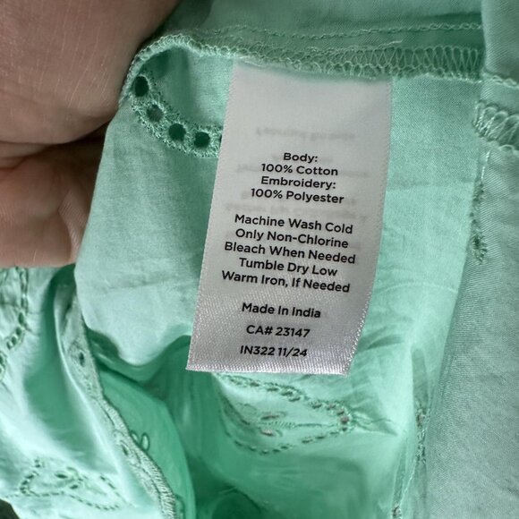 Talbots Shirt Womens Petite Large Green Eyelet Split Neck Scallop Hem Boho - Picture 5 of 7